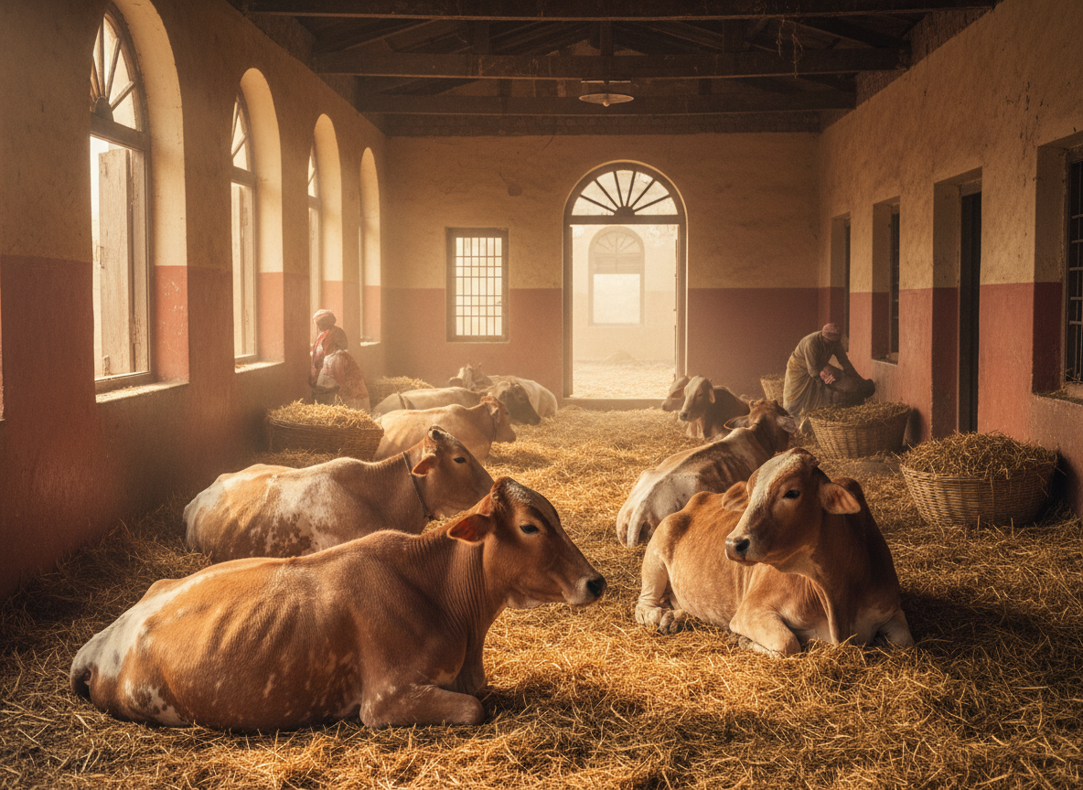 Cows resting peacefully in a Gaushala cow shelter